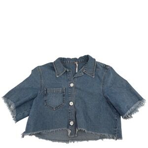 Free People Denim Cropped Raw Hem Button Up Shirt Jacket Blue Size 4